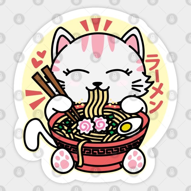 White Cat Eating Ramen Sticker by DetourShirts